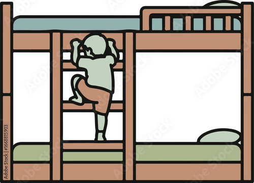 Simple cartoon illustration of a child climbing the ladder of a wooden bunk bed with green bedding.