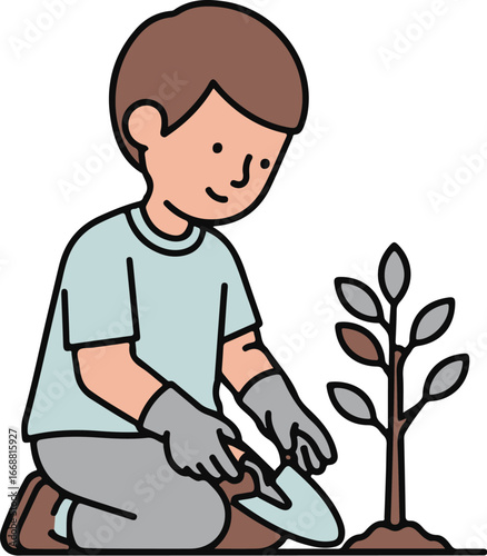 A young cartoon boy with brown hair kneeling and planting a small tree sapling with a trowel.