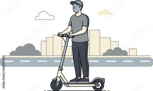 Casual young man wearing a baseball cap and t-shirt riding a modern electric scooter.