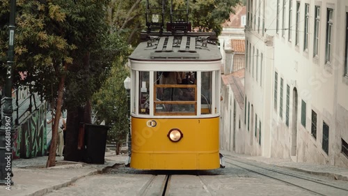 Funicular railway in Lisbon, Portugal. City tramline on a steep hill street