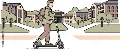Side profile illustration of a young student with a backpack riding a modern electric scooter.