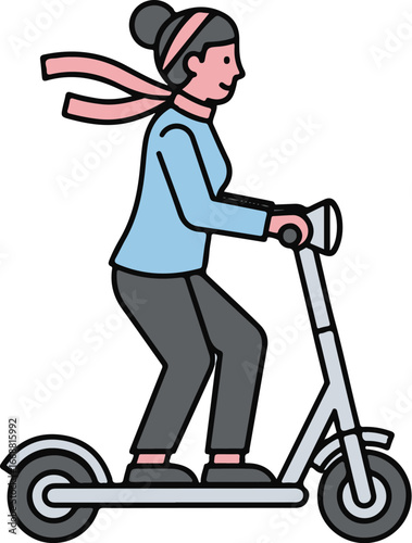 A cartoon woman with a pink scarf and headband riding a modern grey electric scooter.