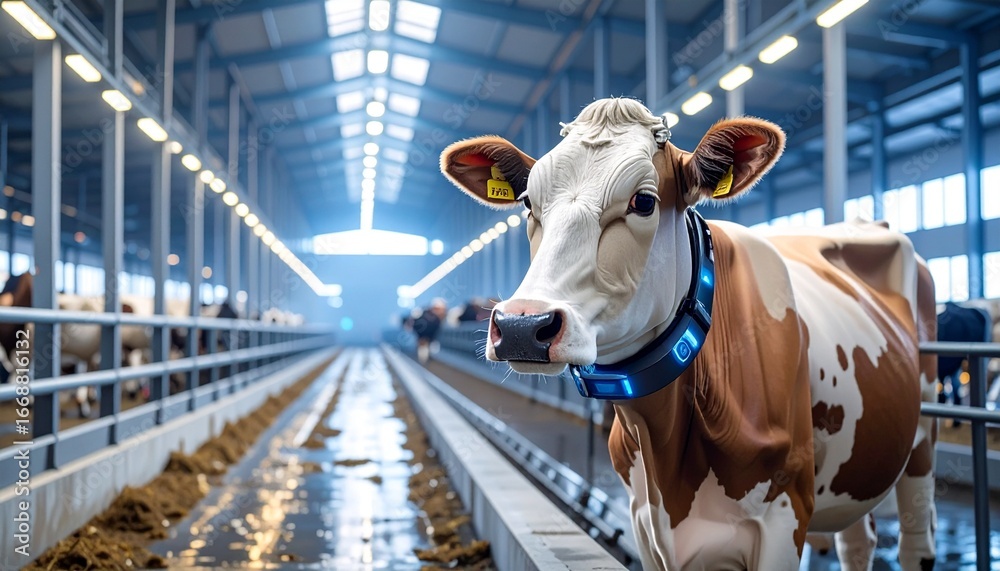 Fototapeta premium Cow in Modern Farm Smart Technology & Sustainable Dairy Farming Practices