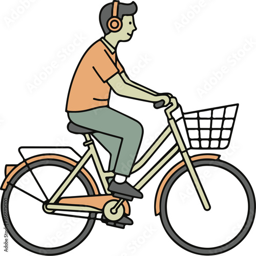 Young man in an orange shirt and headphones casually riding a city bicycle with a front basket.