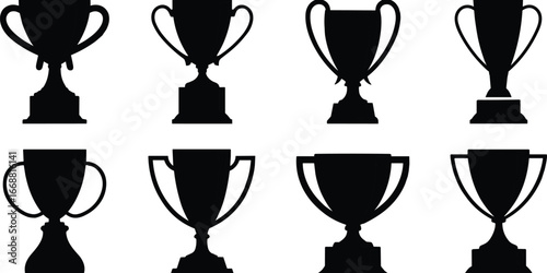 Black silhouette trophy icons, award cup designs, vector sports achievement symbols, competition prize illustrations, championship recognition elements, CAD drawing flat vector illustration