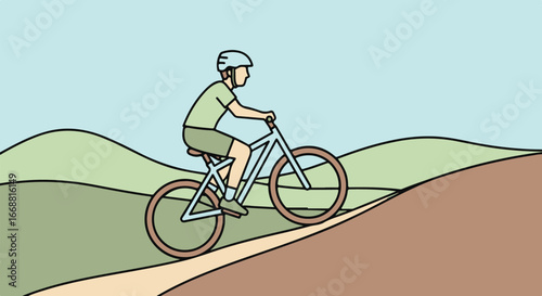 Hand-drawn illustration of a mountain biker in green athletic gear and a blue helmet cycling uphill.
