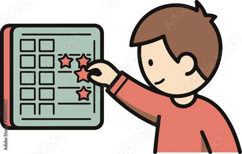 Cartoon boy with brown hair happily placing a star sticker on a progress reward chart.