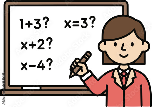 A smiling cartoon female teacher in a red suit jacket and tie, holding a black marker and pointing.