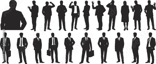 Business people silhouettes, professional men and women in suits, standing, walking, gesturing, holding briefcase, corporate teamwork poses, office staff, vector illustration