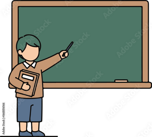 Young student boy in a brown sweater holding a book and pointing at a blank green chalkboard illustration.