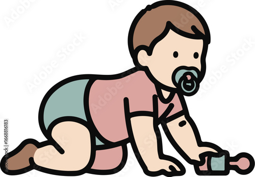 Simple cartoon illustration of a crawling baby boy with a pacifier and rattle toy.