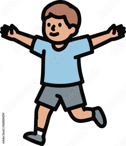 Joyful cartoon boy with brown hair and a blue shirt running with his arms spread wide in a simple style.