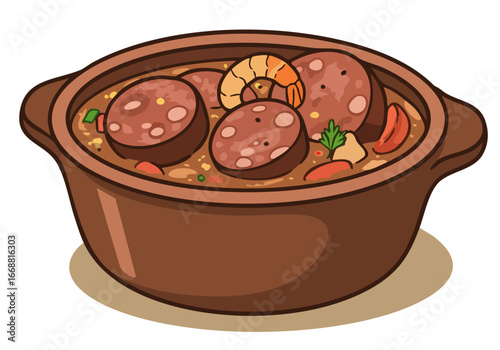 A charming illustration of Brazilian Feijoada in a rustic ceramic pot, featuring sausage and shrimp.  Warm colors and a detailed style make it ideal for food-related projects.