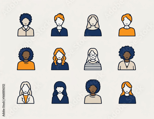 Diverse collection of minimalist avatar icons representing women from different backgrounds and professions in a modern design