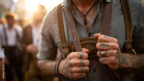 Tattooed man wearing lederhosen at Oktoberfest celebration.
