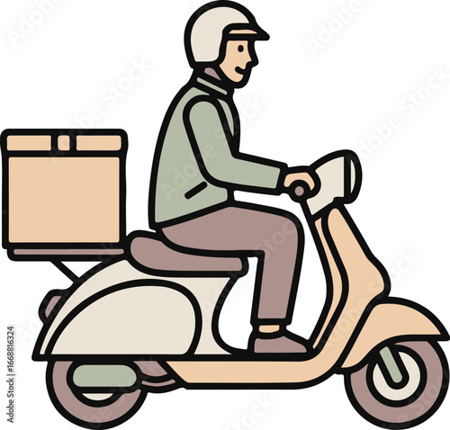 Flat style illustration of a delivery man in a helmet riding a scooter with a large cargo box.