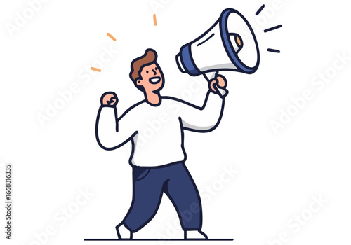 A cheerful man holds a megaphone, passionately speaking. Illustration style, vibrant colors, conveying rally and voice. Great for marketing and social media.