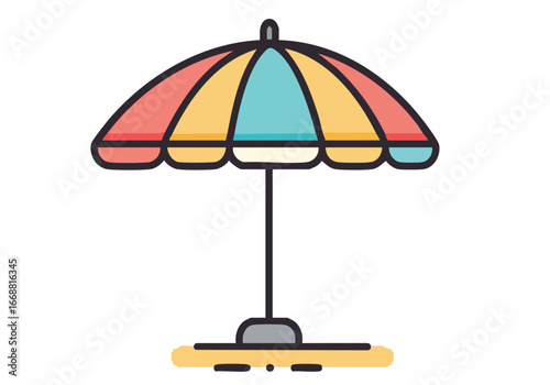 A cheerful picnic shade icon with a striped umbrella and beach blanket. Bright, playful design suitable for various commercial applications. Clean, modern illustration.