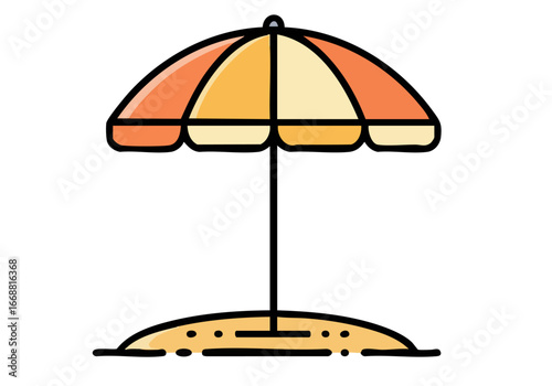 A cheerful picnic shade icon with a striped umbrella and sand. Simple, modern line art design. Perfect for summer, outdoor, and lifestyle themes.