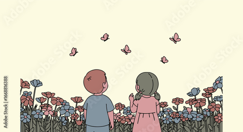 Charming illustration of a boy and girl from behind, watching butterflies flutter over a colorful wildflower field.