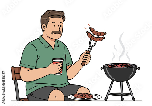 A smiling dad grills sausages at a barbecue feast, enjoying a refreshing drink. A relaxed, summery scene with a focus on family and outdoor enjoyment.