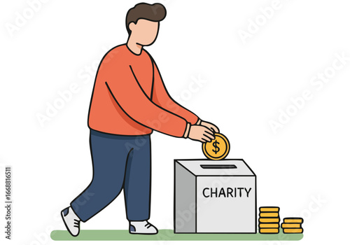 A man donates to a charity box, spreading kindness. Simple, modern illustration with a soft color palette. Ideal for social media and marketing campaigns.