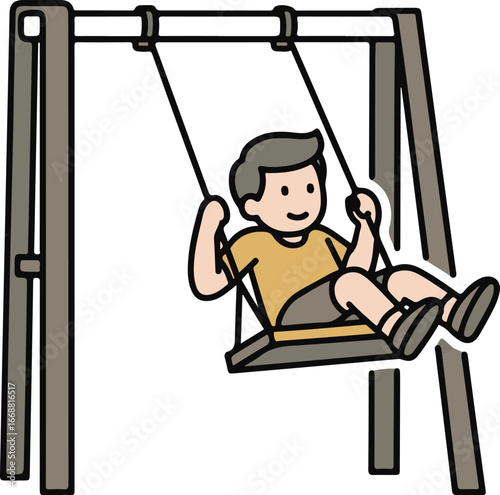 Cheerful cartoon boy with grey hair in an orange shirt happily playing on a swing set.