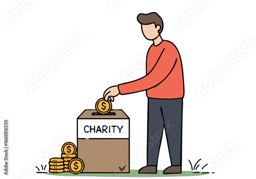 A man donates to a charity box, symbolizing kindness and generosity. Simple, modern illustration with a soft color palette. Ideal for social media and marketing.