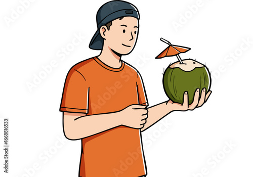 A young man enjoys a fresh coconut drink outdoors. Vibrant colors and a relaxed pose create a summery, appealing image. Perfect for lifestyle and travel themes.
