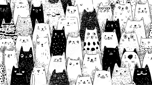 Diverse Collection of Cartoon Cats in Black and White Graphic Illustration Pattern