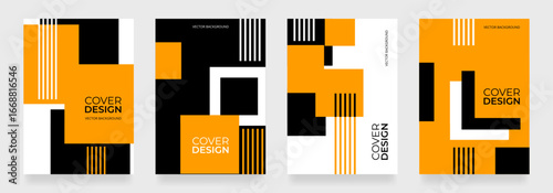 Orange, black and white abstract modern posters or vertical background vector set. Cover design template with abstract geometric shapes for brochure, flyer, poster, annual report presentation.