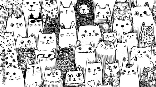Diverse Collection of Cartoon Cats in Black and White Graphic Illustration Pattern