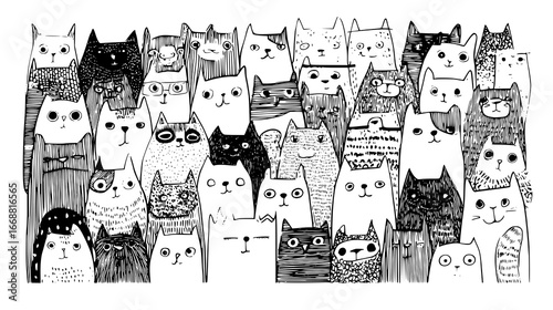 Diverse Collection of Cartoon Cats in Black and White Graphic Illustration Pattern