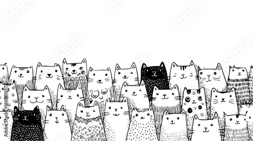 Diverse Collection of Cartoon Cats in Black and White Graphic Illustration Pattern