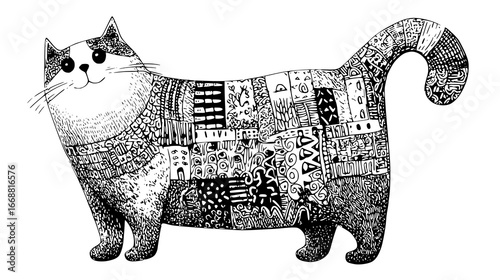 Charming Headshot of a Curious Cat with Playful Expression in Black and White Sketch Style