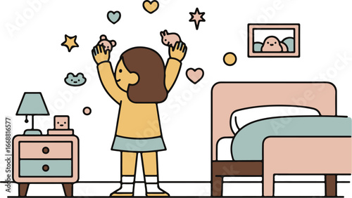 Happy cartoon girl with brown hair in a yellow shirt, joyfully playing with cute floating toys.