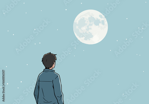 A young man gazes at a large, bright moon in a starry night sky. A serene and contemplative mood is conveyed. Suitable for emotional, dreamy, or peaceful themes.