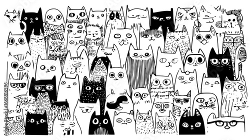 Diverse Collection of Cartoon Cats in Black and White Graphic Illustration Pattern