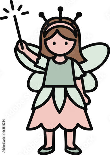 Cute cartoon fairy princess with brown hair, wings, and a sparkling magic wand.