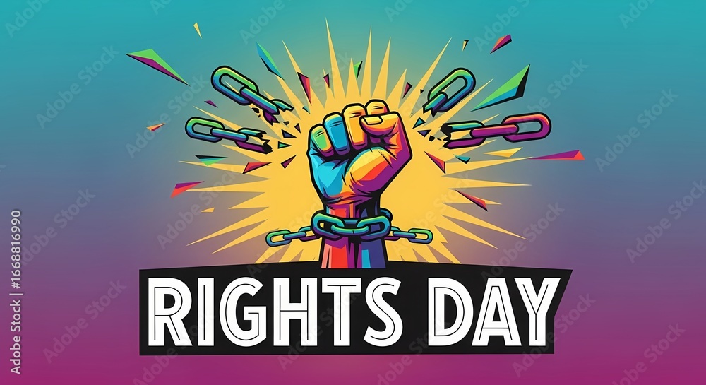 Fototapeta premium Vibrant freedom fist breaking chains with explosive background for rights day celebration design