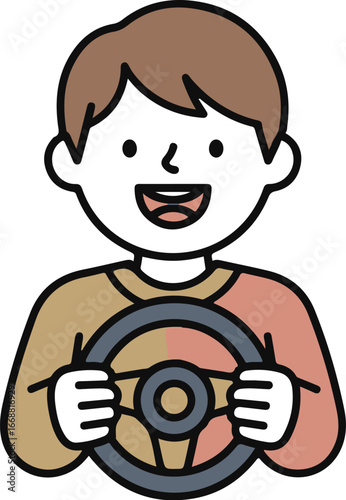 Happy cartoon boy with brown hair smiling while holding a steering wheel.