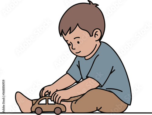 Cartoon illustration of a young boy with brown hair sitting and playing with a small toy car.
