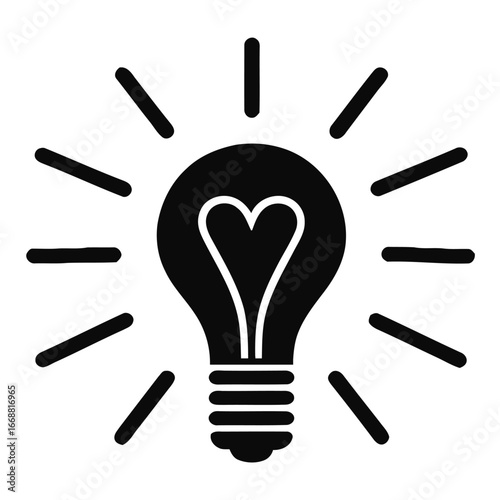 Black lightbulb with heart filament and radiating lines idea innovation