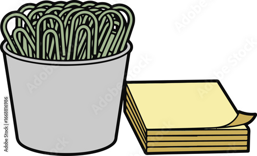 A simple cartoon illustration of a grey cup filled with paper clips and a stack of yellow sticky notes.
