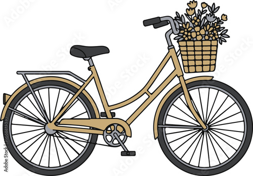 Hand-drawn vintage yellow bicycle with a wicker basket full of flowers.