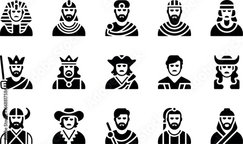 Diverse Historical Male Figures: Glyph Icon Set, Serious Mood, Black and White