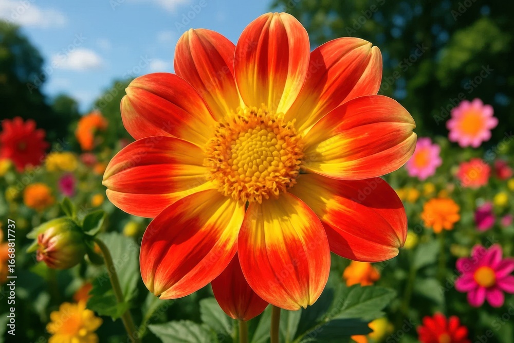Fototapeta premium A Vibrant Dahlia in Full Bloom Against a Backdrop of Lush Garden Flowers