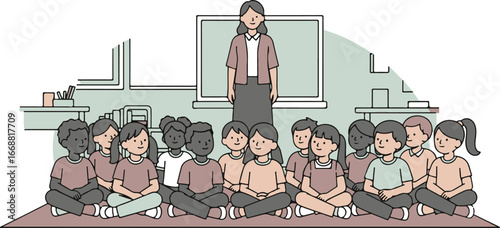 A diverse group of elementary students sitting cross-legged on the floor, attentively listening to their female teacher in a line art illustration.