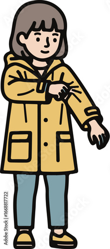 Hand-drawn cartoon character in a yellow raincoat and blue pants, adjusting their sleeve.