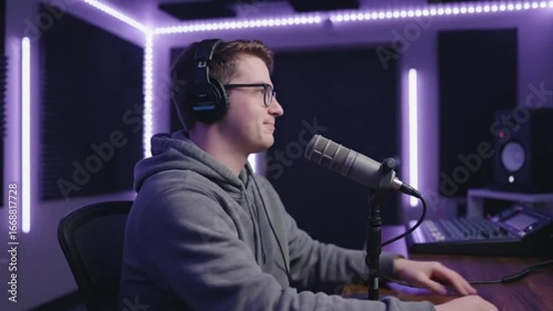 Person with headphones and glasses speaks into a microphone in a room lit with neon purple lights